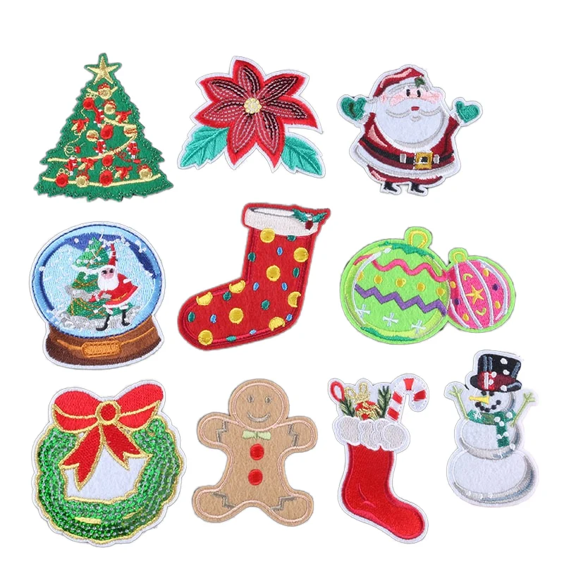 Customized 3D Embroidery Patches Christmas Sequins Snowman Sew-on Shoes Clothes Hats Woven Iron-on Rubber Chenille Cute Logo