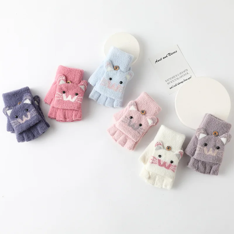 Hot sale girl thicken warm mittens cute animal soft winter knitted half gloves with flip style