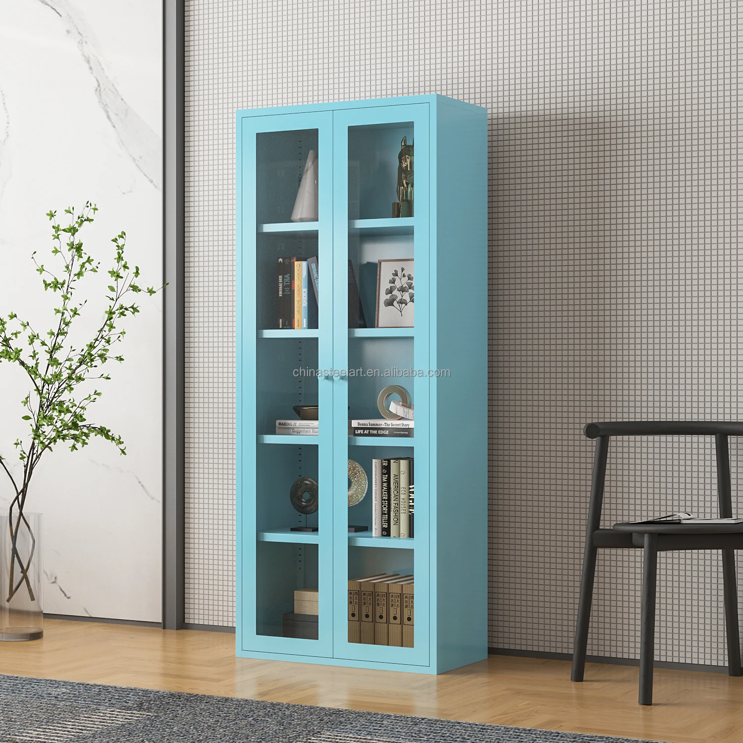 2 Swing Door Steel Storage CabinetH1700*W700*D350 with Glass Door Corner Steel Modern Floor Standing bookcase Office Furniture