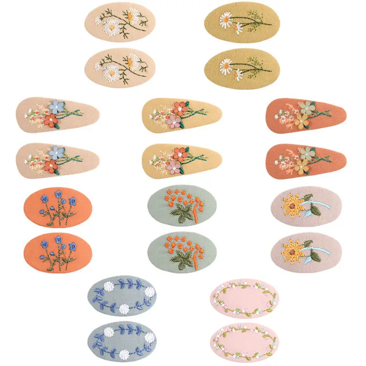 2pcs/Set Korean Spring Collection Linen Embroidery Hair Pin for Baby Girls Retro Fancy Floral Fabric BB Snap Clips