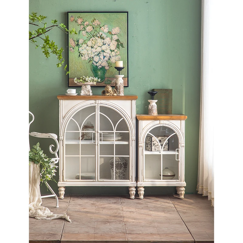Accent French Furniture Light Simple White Living Room Modern Retro Arched Oak Storage Cabinet With Glass Door