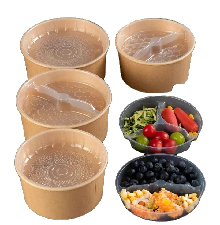 Disposable circular kraft paper bowl with 183 caliber plastic inner tray and multiple specification interlayers Recyclable