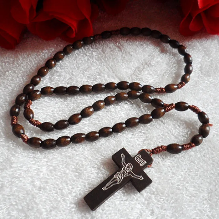 3 colors 8*6MM wood rosary necklace religious rope necklace hand knit rosary made of oval bead rosary
