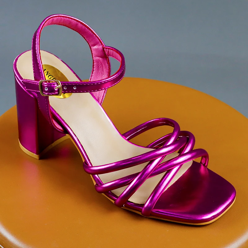 Women High Heels Sandal Sexy Slingback Sexy Criss-cross Square Open Toe Dress Shoes 9CM Block Heeled Ladies Party Nude Shoes