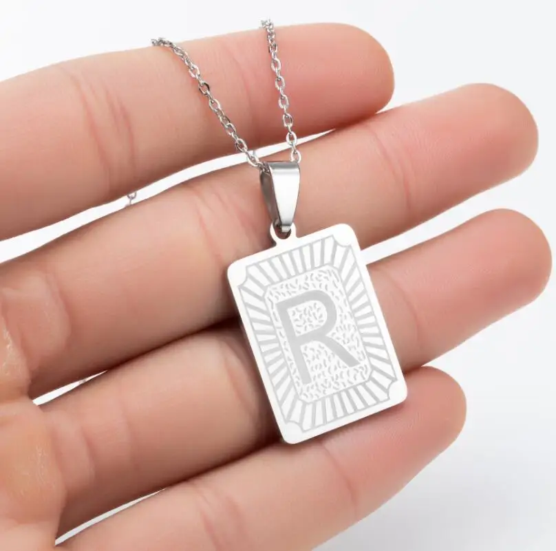 Hip Hops Gold Plated Square Tags 26 Alphabet Pendant Necklace Stainless Steel Punk Capital Letter Necklace