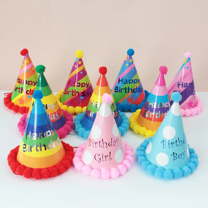 Wholesale Party Supplies Cake Hat Birthday Kids First Year Paper Pompom Birthday Party Hat