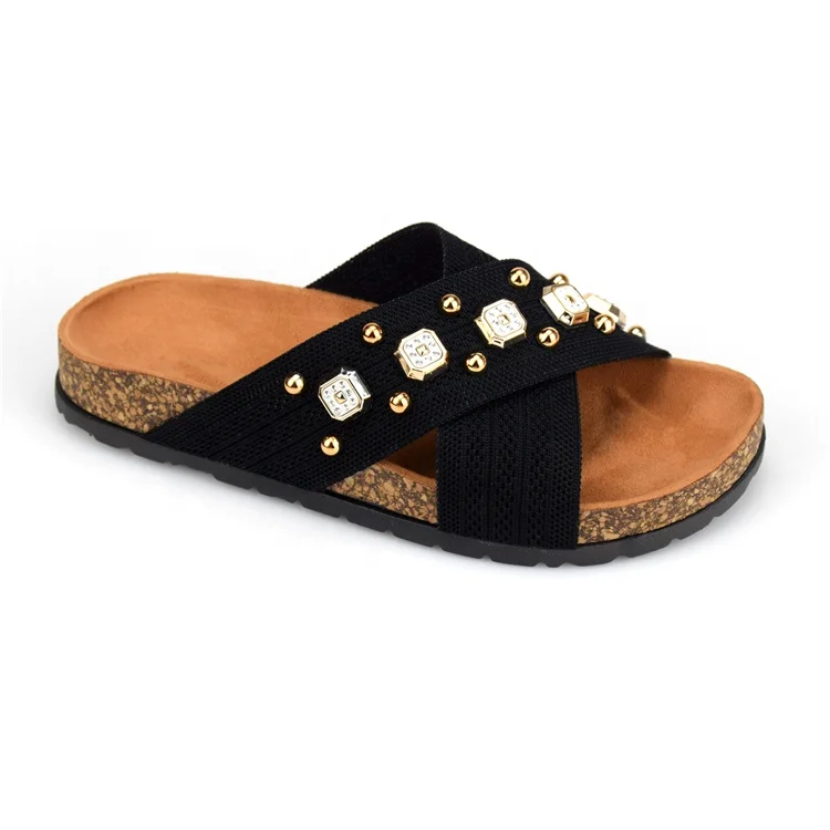 
Customized Ladies Cross Strap Slide Slippers Webbing with Studded Summer Sandals Slipper for Women Sandals Cork Sandal Shoes OEM 