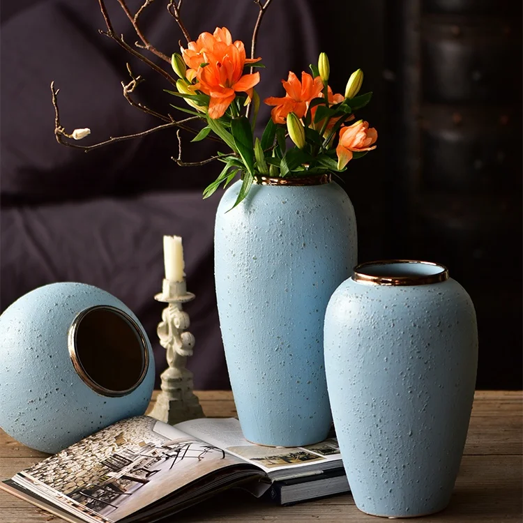 Bixuan Vases Blue Bubbles Retro Distressed Ceramic Jar Vase Unique Golden Decor Art Porcelain Vases Table Centerpieces Set of 3