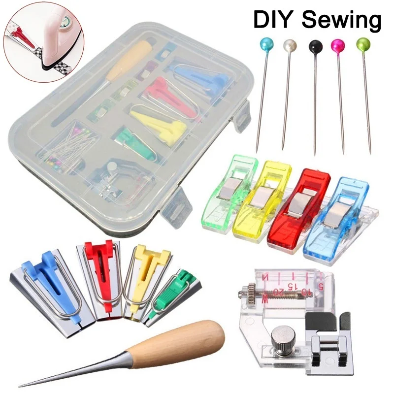 Fabric Bias Binding Tape Maker Kit Patchwork Binder Foot Awl Clips Pins Household DIY Sewing Quilting Tool