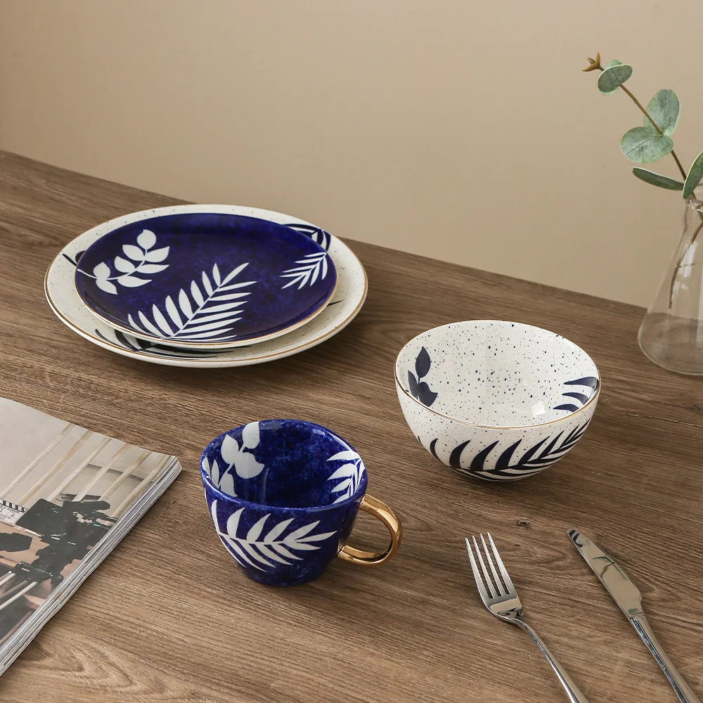 Vintage Leaf Pattern Blue Dining Ceramic Plates and Bowls Dinnerware Dishes Set Porcelain Dinner Set
