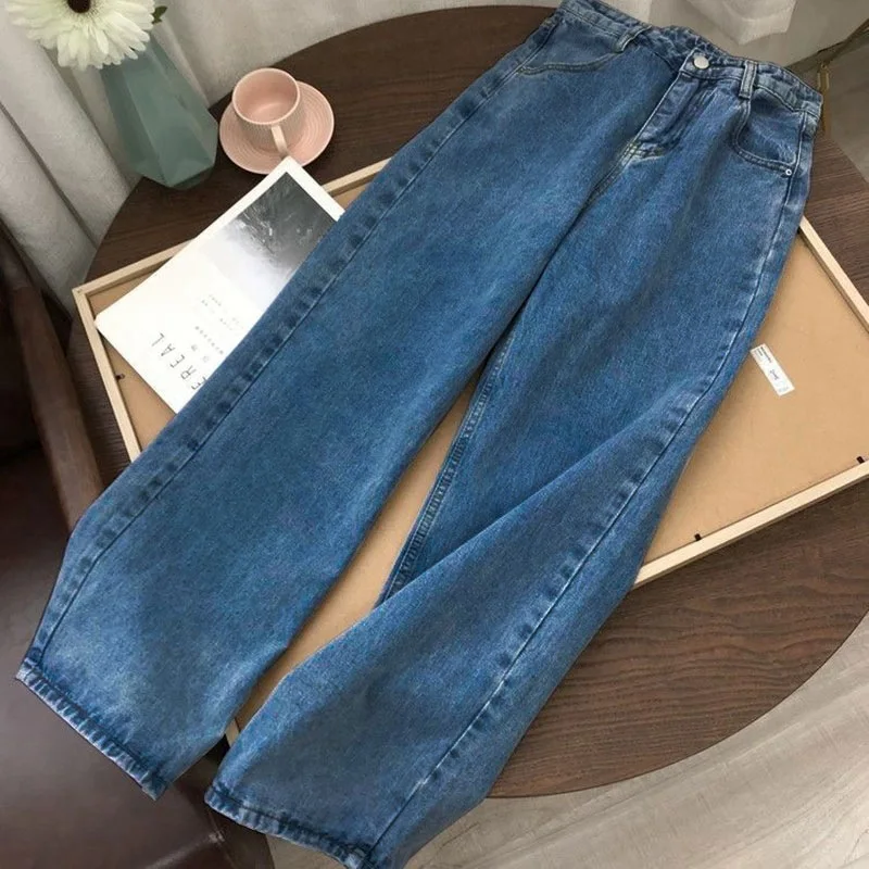 Wholesale Jeans Blue Ladies stretch jeans women high waist straight cut wide leg jeans