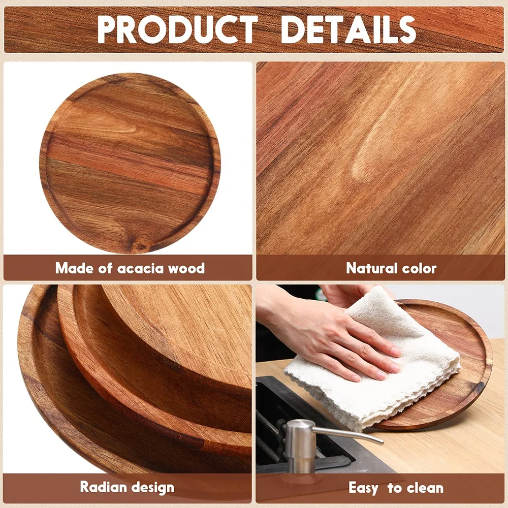 Wholesale custom table dinner food wood tray pan acacia wood dishes & plated 8 inch round wooden charger plates