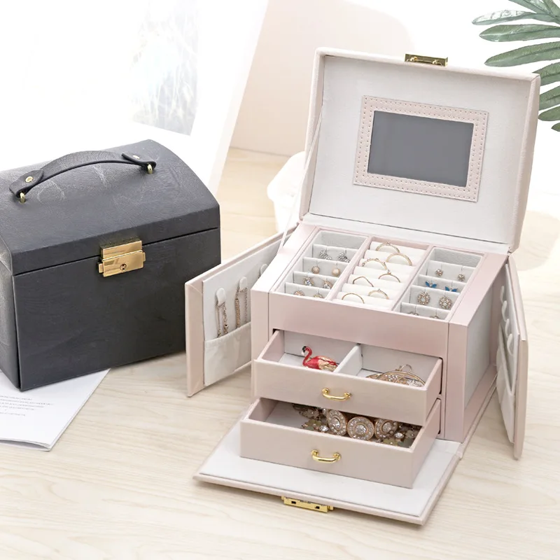 Wholesale Large Custom PU Leather Jewelry Box With Logo Necklace Ring Earring Jewellery Organizer Storage Packaging Gift Case