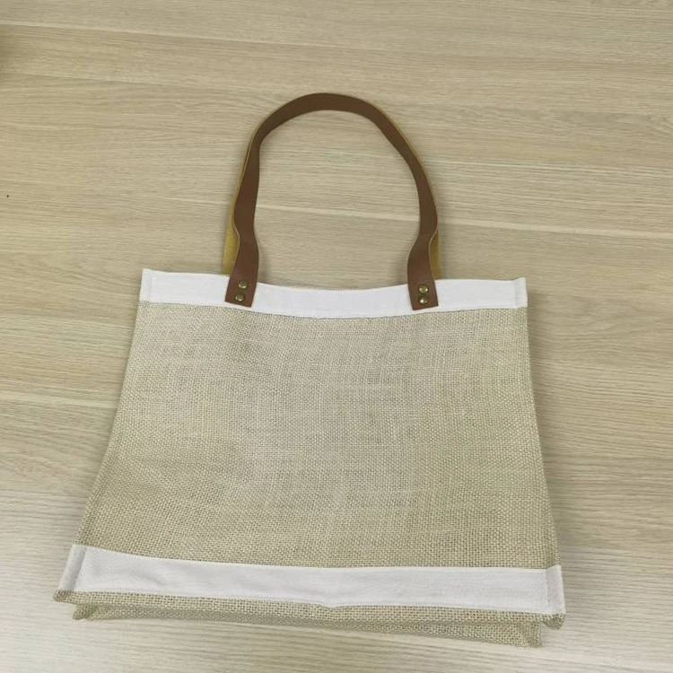 Shoulder Leather Bamboo Handle Eco Friendly Custom Plain Recycled Extra Large Bulk Wholesale Jute Beach Bag