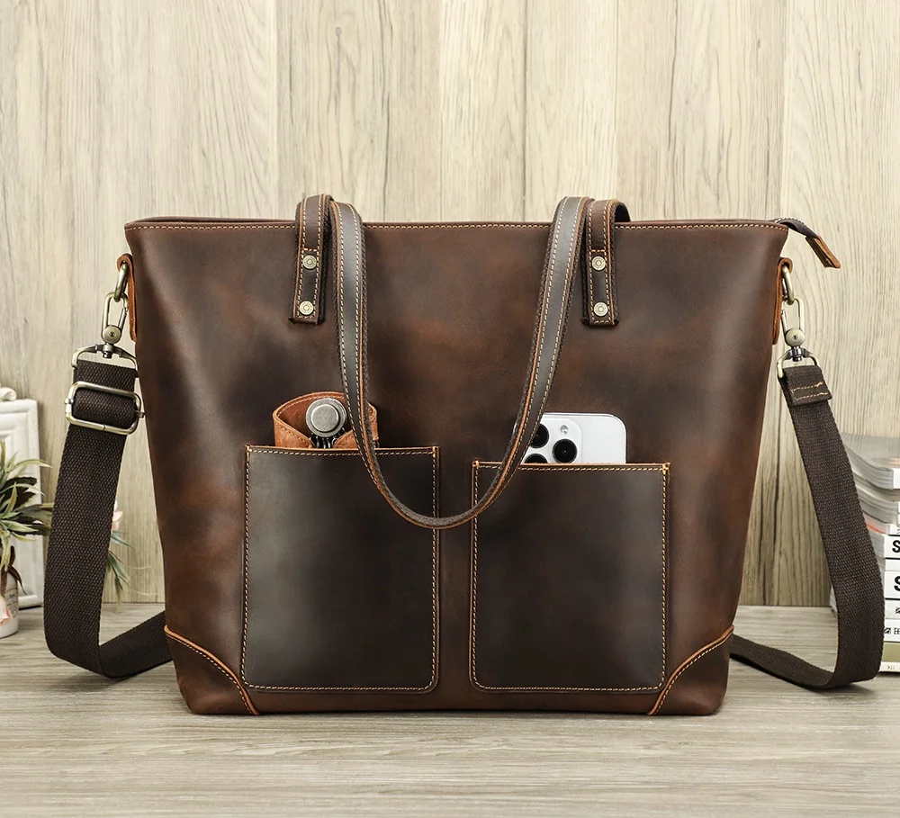 Front Pocket Large Leather Tote Bag For Women Men 14.2' Laptop Handbag Genuine Leather Shoulder Bag For Men Women