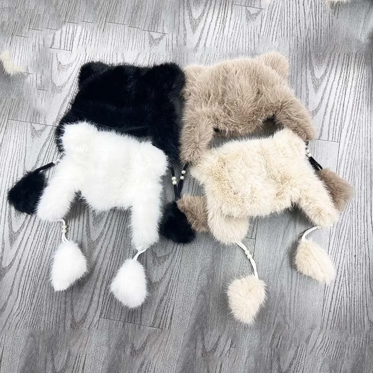 2023 new arrival winter faux fur warm skull cap with pompom outdoor  earflap hat