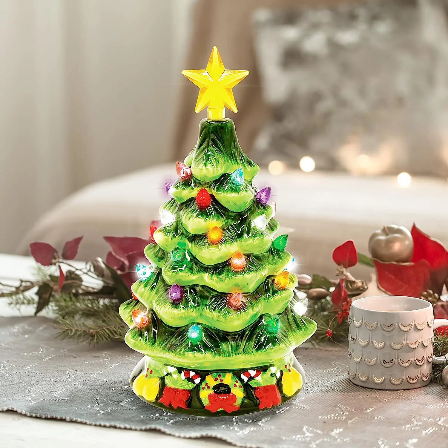 Home Office Tabletop Decoration Multicolored Lights With Star Topper Ceramic Christmas Tree