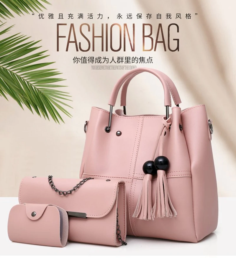 New Coin Purse Autumn Hit Color Band Wooden Beads Bag Bucket Three-piece Handbag Women