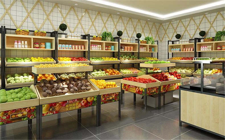 Meicheng Shop Racks Wooden Vegetable Stand Supermarket Steel Wood Fruit Vegetable Display Stand