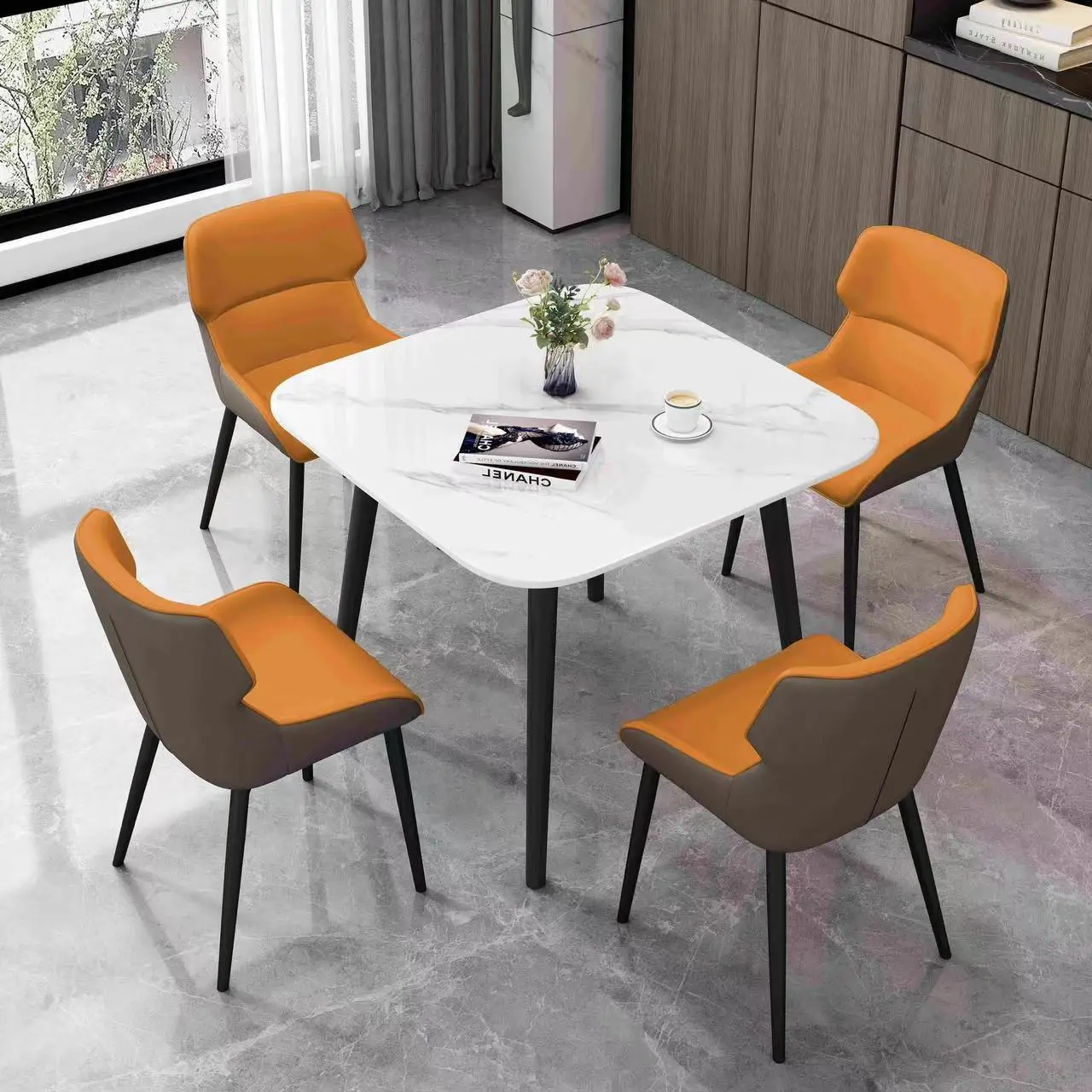 Factory Price Italian Creative Color Blocking Iron Backrest Home Cafe Furniture Leather Restaurant Dining Chairs