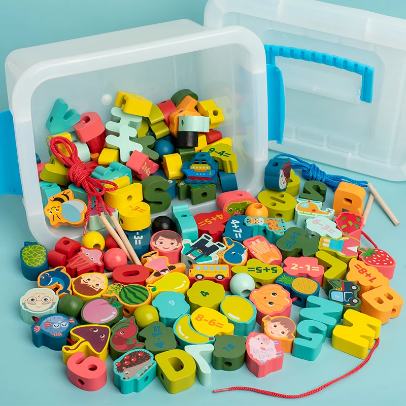 DIY bracelet Children Montessori Alphabet Blocks Puzzle Wooden Baby Toy Cartoon Animal Spelling Game Educational Lacing Math Toy