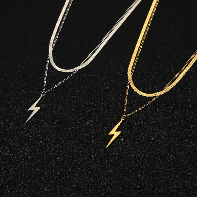 Lightning Bolt Pendant Necklace Double Layer Fashion Dainty Snake Link Chain Stainless Steel Jewelry