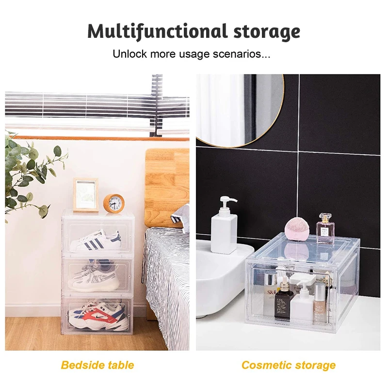 SENNIU Wholesale Transparent Plastic Sneaker Stackable Shoe Storage Boxes Drop Front Acrylic Drawer Type Magnetic Clear Shoe Box