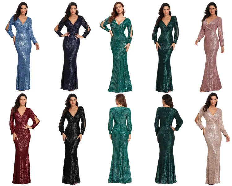 Fashion Party Maxi Dress Super High Waist Crossed Chest V-Neck Split Long Sleeve Sequin Stretch Slim Mermaid Evening Gown Dress