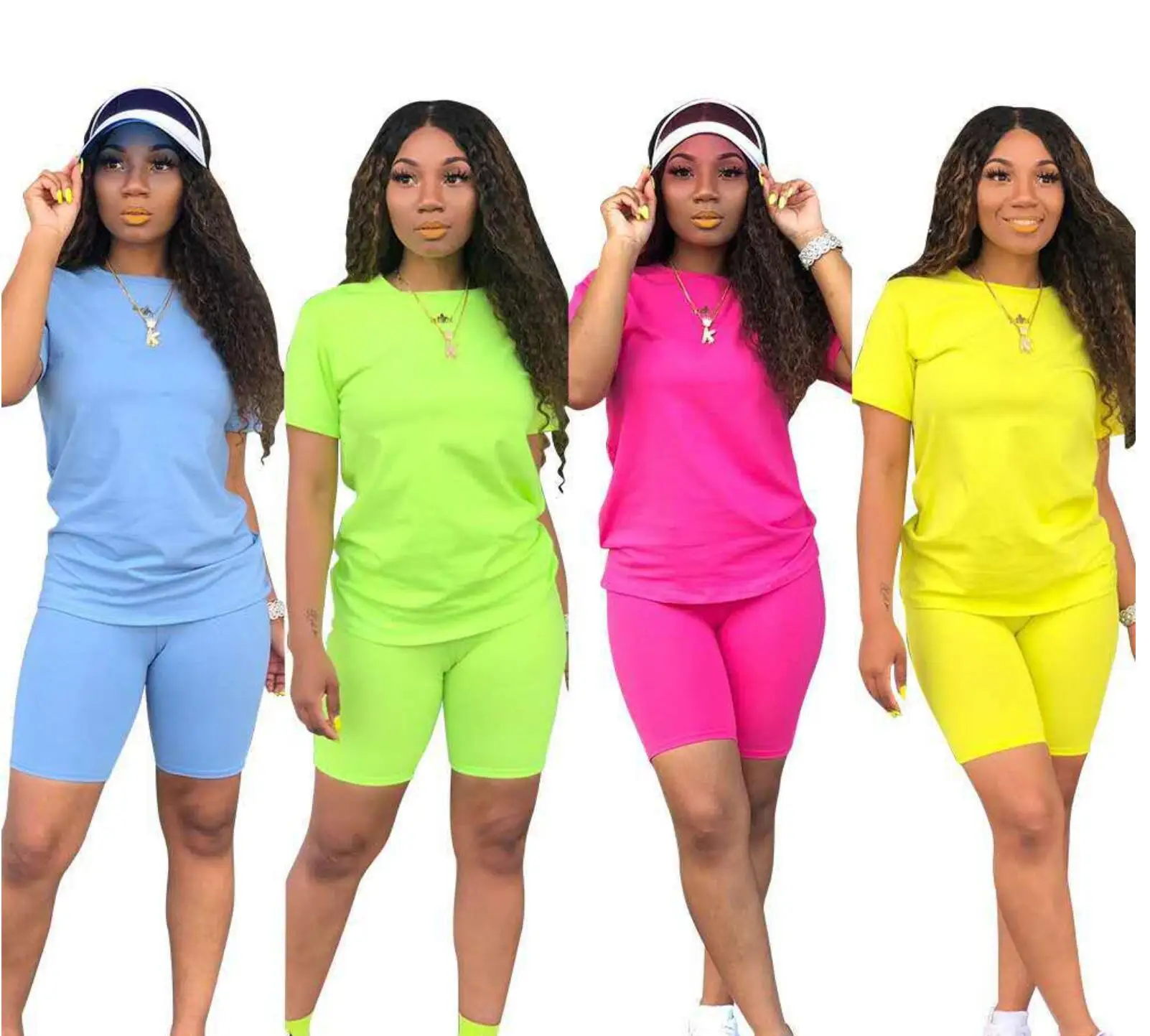 
2020 wholesale clothing low MOQ polyester 2 piece shorts custom logo gym plus size biker two piece women matching sets 