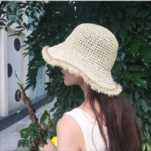 Wholesale Hot Selling Crochet Summer Beach Sun Straw Hats For Women With Rough Selvedge Paper rope handmade crochet cap