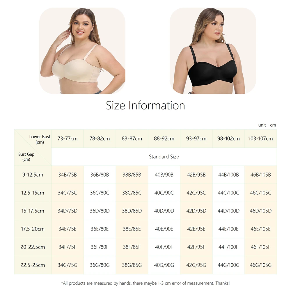 34 36 38 40 42 44 46 BCDEFG Cup Underwire No Sponge Strapless for Women Non-Slip Bra Tube Top Bra Smooth Plus Size for Wedding