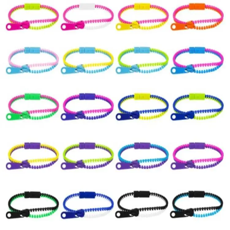 Wholesale Pressure Relief Fidget Colorful Neon Thicker Plastic Zipper Bracelets
