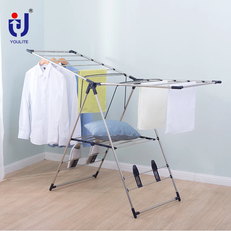 2023 best sale stainless collapsible hanging clothes with 2 tiers floor standing multifunctional airer