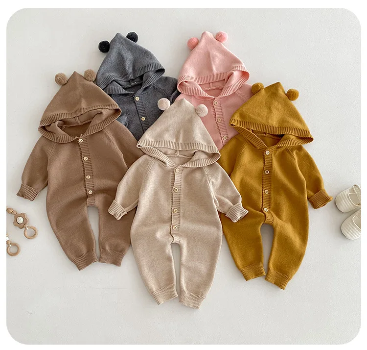 Spring autumn newborn baby girls knitted romper infant toddler long sleeve jumpsuit with rabbit ear clothing