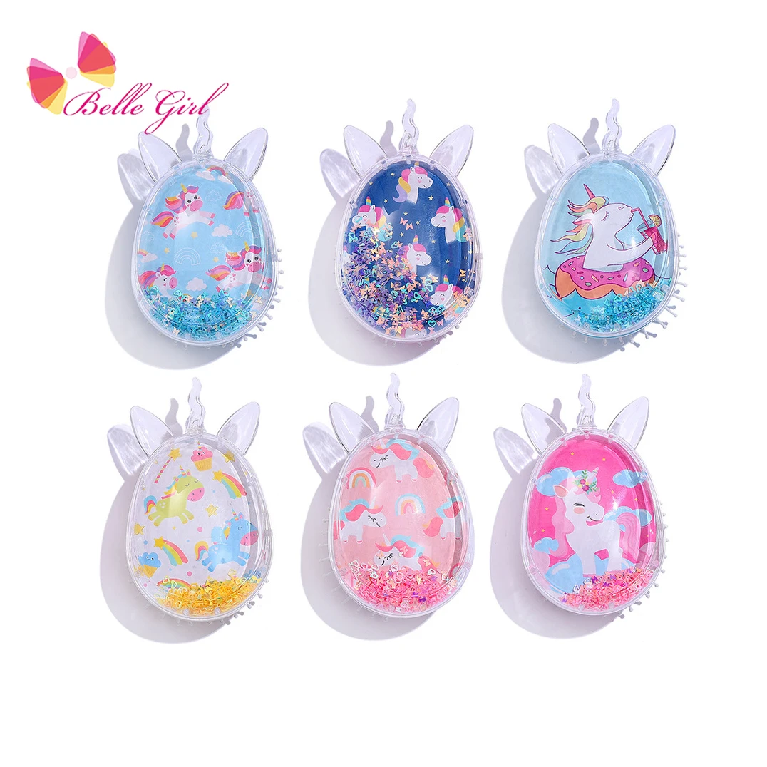 BELLEWORLD New arrivals egg shape scalp hair brushes mini portable transparent glitter sequin horse massage hair brush baby kids