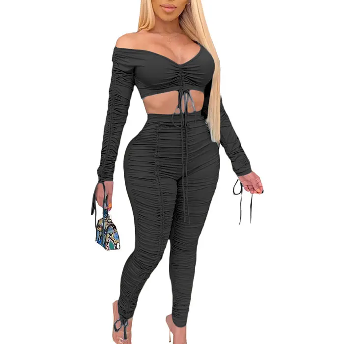 Fashion long sleeve crop top and leggings pants streetwear 2 piece set women