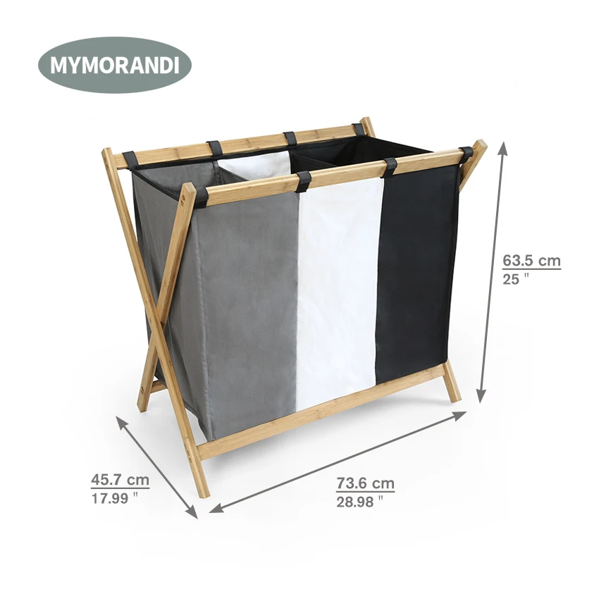 Wholesale 3 Section Foldable Bamboo Laundry Basket Sorter Laundry Hamper Dirty Clothes Bag for Big Toys