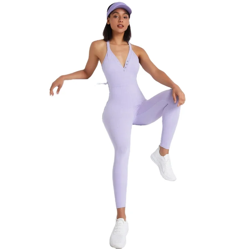 MEISU Women V Neck Sexy Yoga Fitness Jumpsuit Custom Front Button One-Piece Sportswear
