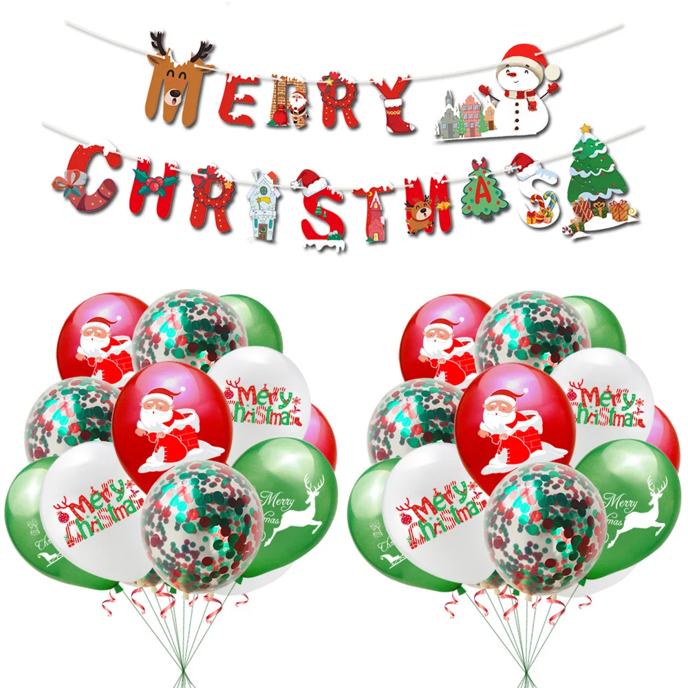 New Christmas Decoration Set Snowman Santa Claus Merry Christmas Pulling Flag Elk Sequined Mixed Color Latex Balloon