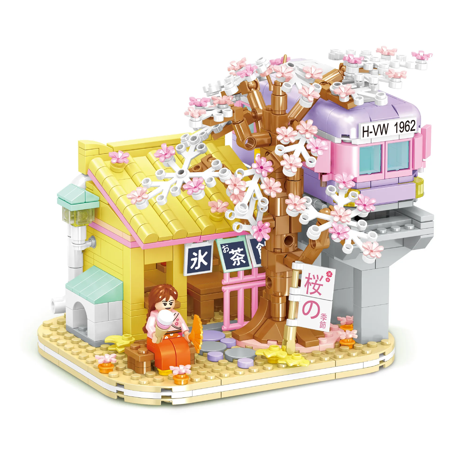 Creative Japanese Street View Tea House with High-speed Train Cherry Blossom Model Building Bricks Set DIY House Blocks Toy Gift
