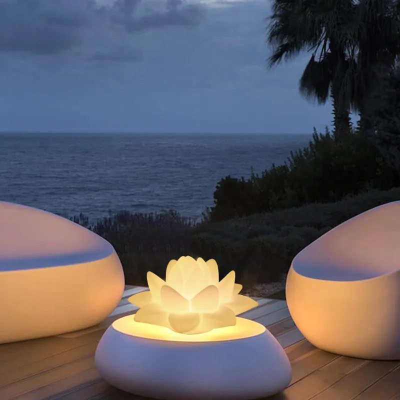 Custom Artificial Lotus Flower PE Plastic Cordless Remote Control LED Table Lamp
