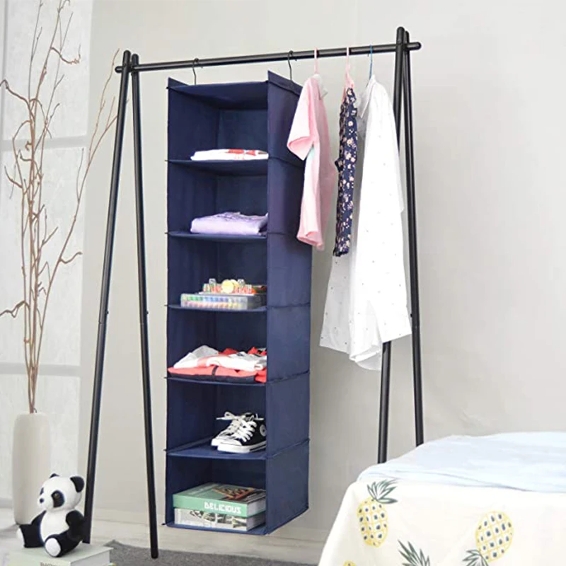5-Shelf Hanging Closet Organizer, 6 Side Mesh Pockets Breathable Polypropylene Hanging Shelves - for Clothes Storage