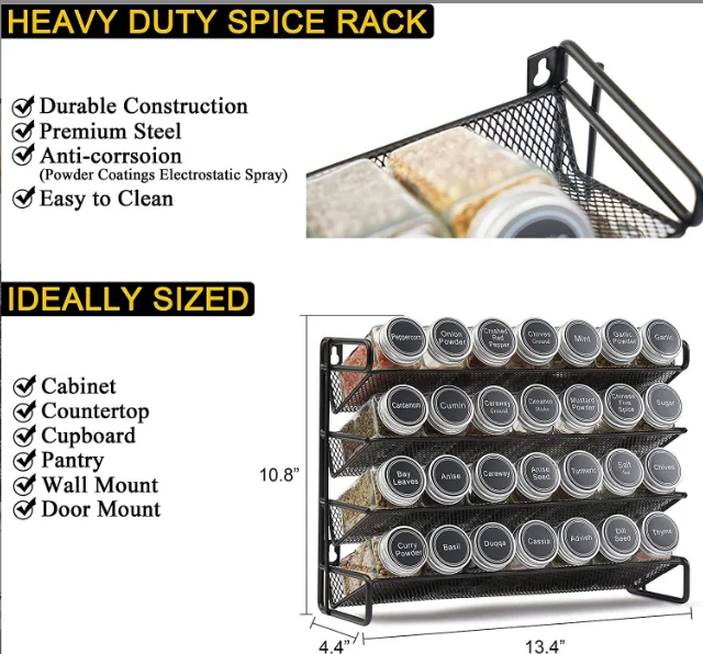 Factory customized 3 tier Kitchen Storage Organizer Spice Rack  with floor and wall hanging options