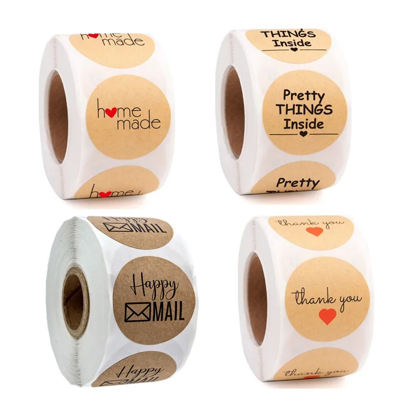 Round Natural Kraft Paper Homemade with Love Stickers Printing Thank You Personalized Stickers Packaging Label Sticker Roll