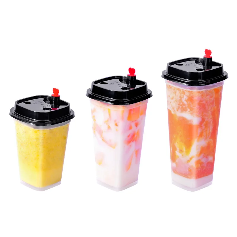 Wholesale Custom Logo Printing Disposable Clear 16 20 oz Square Plastic Hard PP Boba Bubble Milk Tea Cups with Lids