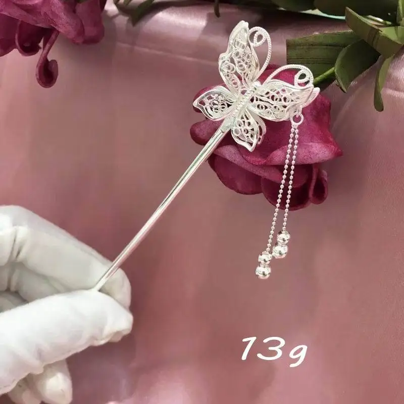 Silver S990 retro Hair Sticks cut-out butterfly Hairpin, Sterling Silver Hair Chopsticks for long hair men women girls