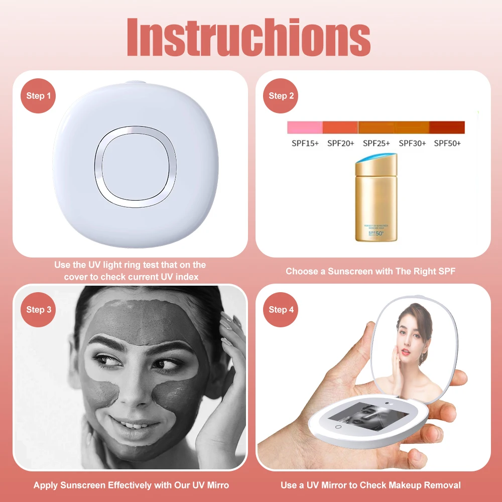 Foldable Smart UV Makeup Mirror Portable Rechargeable Travel Compact UV Camera LED Mirror For Sunscreen Test