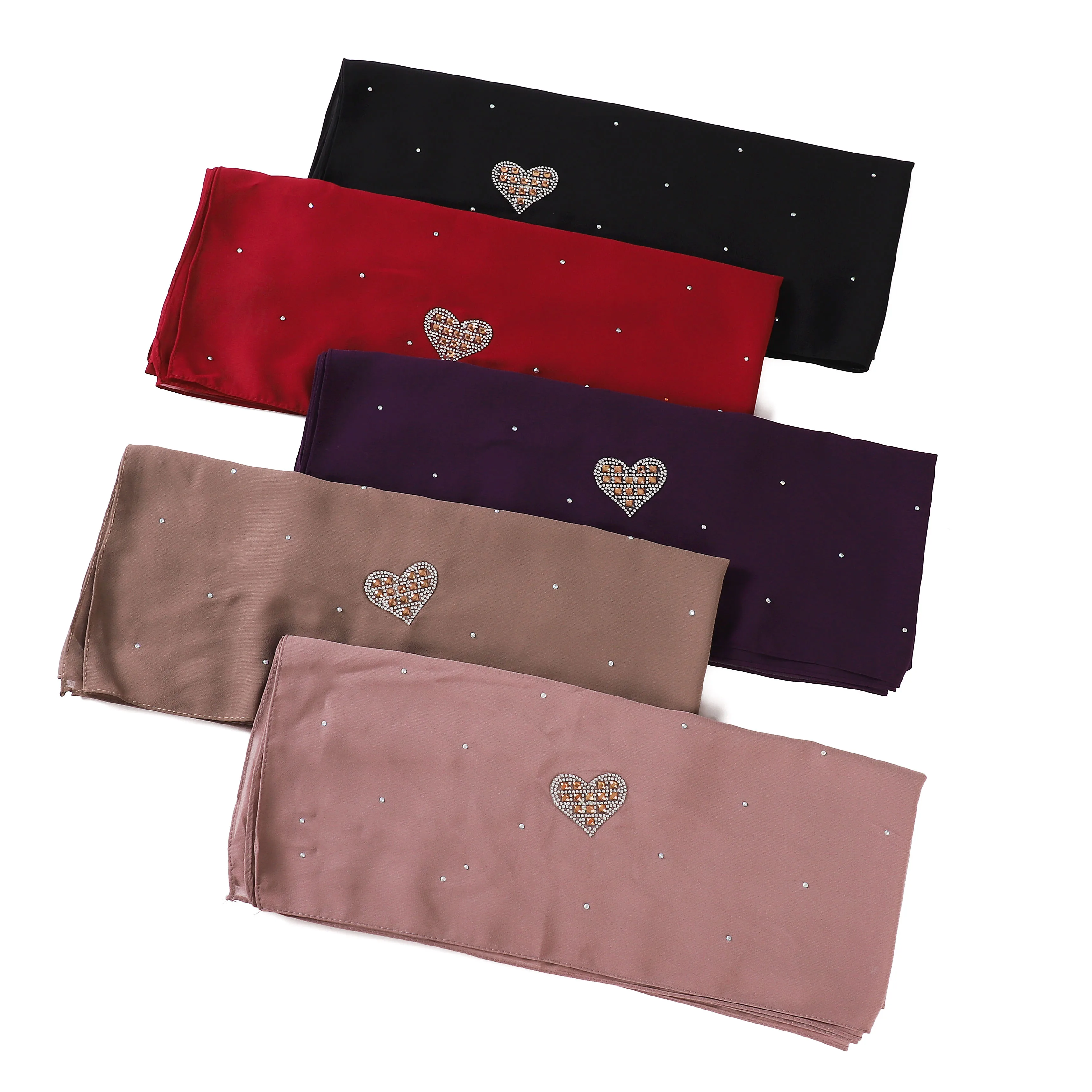 Factory Rhinestone Love Pattern Beaded Chiffon Hijab Muslim Lady Turkish Women Plain Shawl Diamond Soft Ladies Pearl Scarf