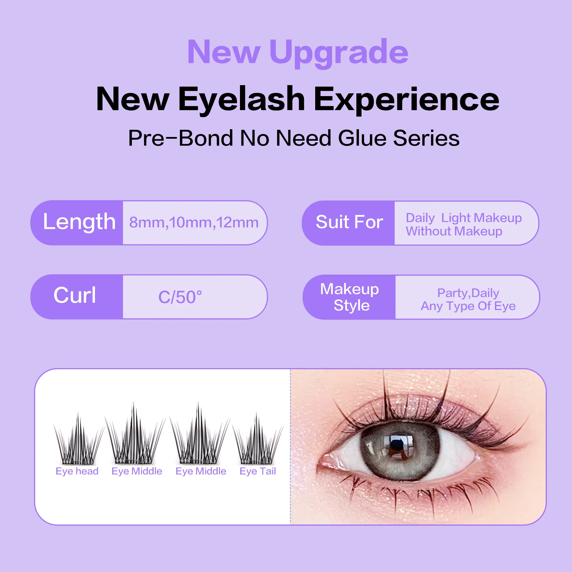 Press On Lashes Wispy Pre-Glued Lashes Self Adhesive Lashes Korean Pbt