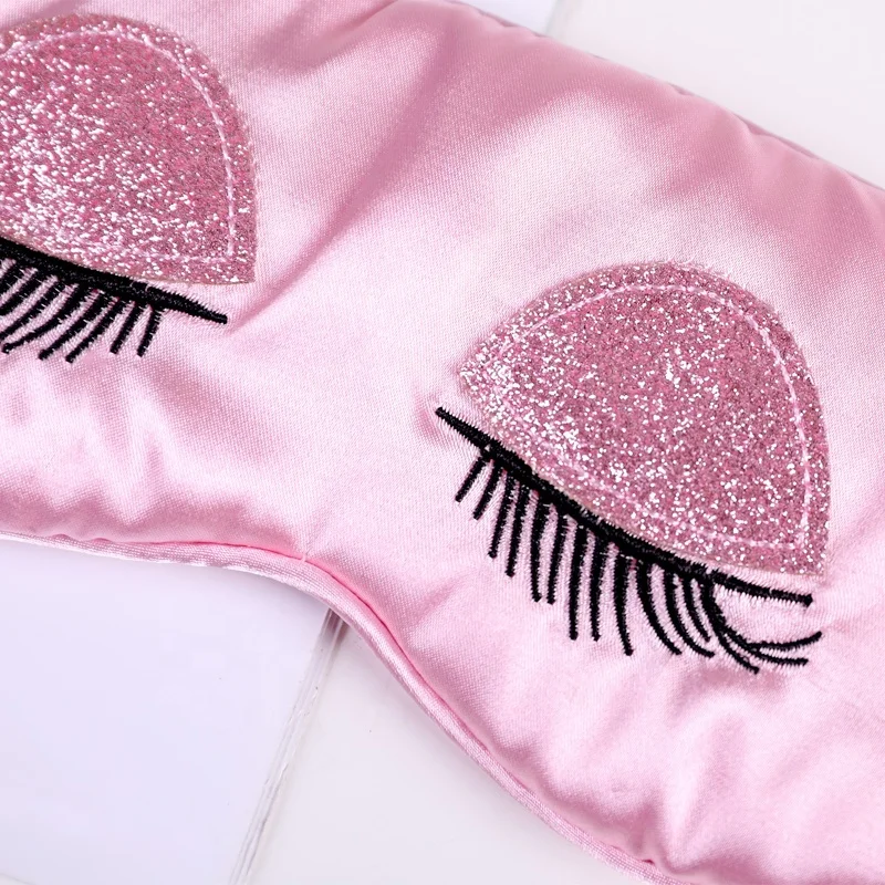 Soft Embroidery Eyelash Sleeping Satin Silk Eye Mask With Pouch